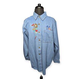 Vintage Nut Cracker Denim Christmas Embroidered Long Sleeve Button Front Top